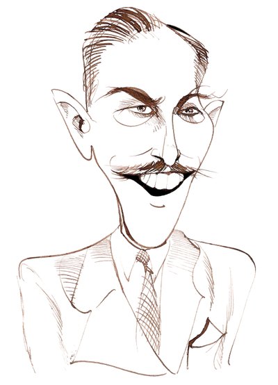 Walt Disney, productor de cine estadounidense, magnate de negocios, dibujante y animador; caricatura de Neale Osborne